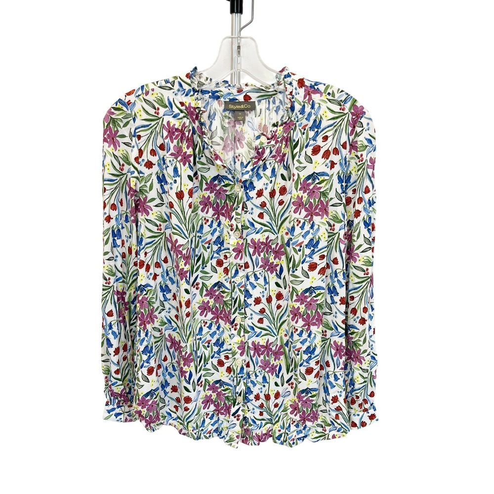 Style & Co White Multi Floral Button Up Blouse Ruffle Rayon Long Sleeve Top - 1X